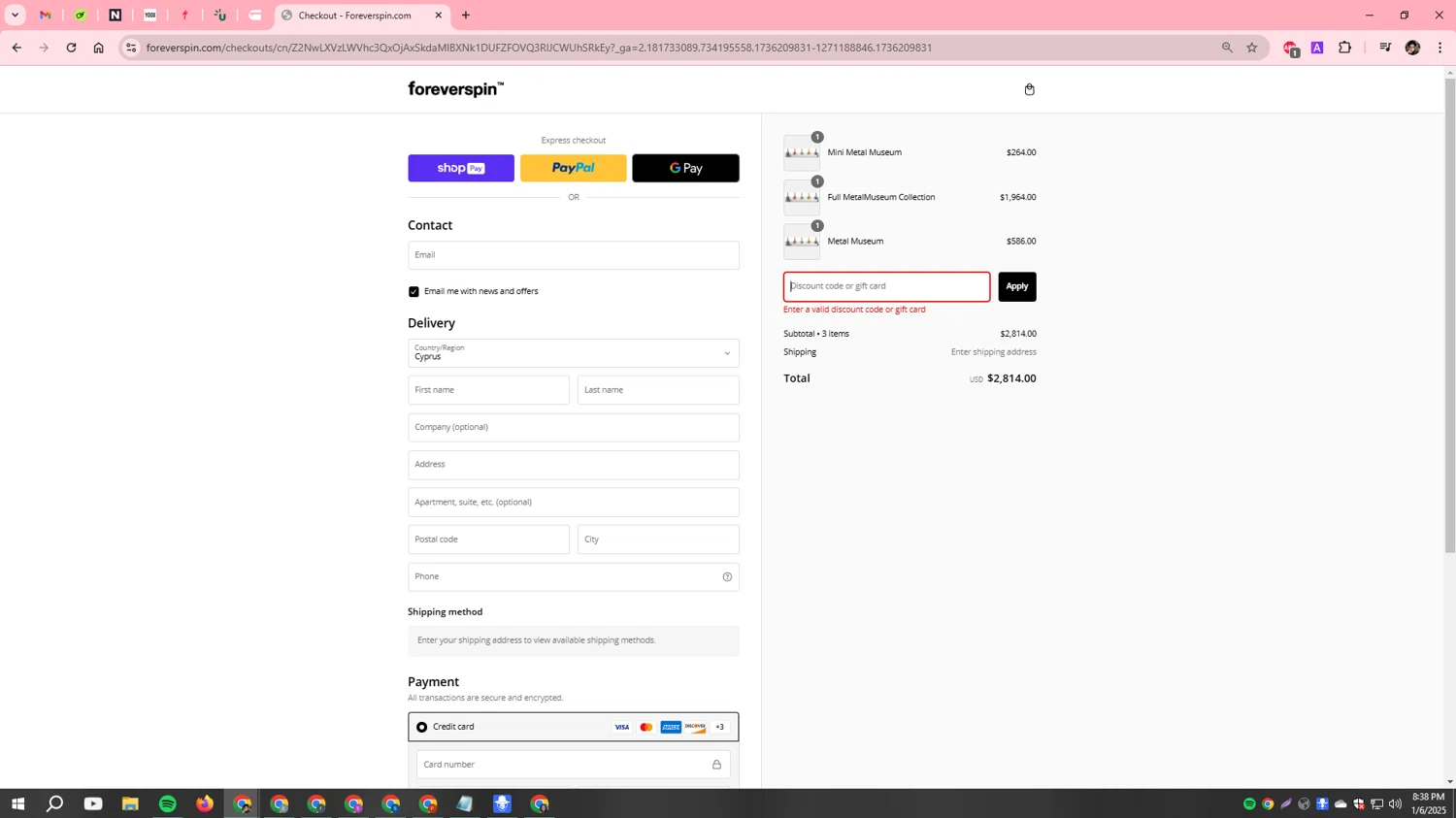 ForeverSpin discount code screenshot showing code LeenForeverspin applied at ForeverSpin checkout page. Uploaded by SimplyCodes community member Scarleth_2GGD on Jan 7, 2025