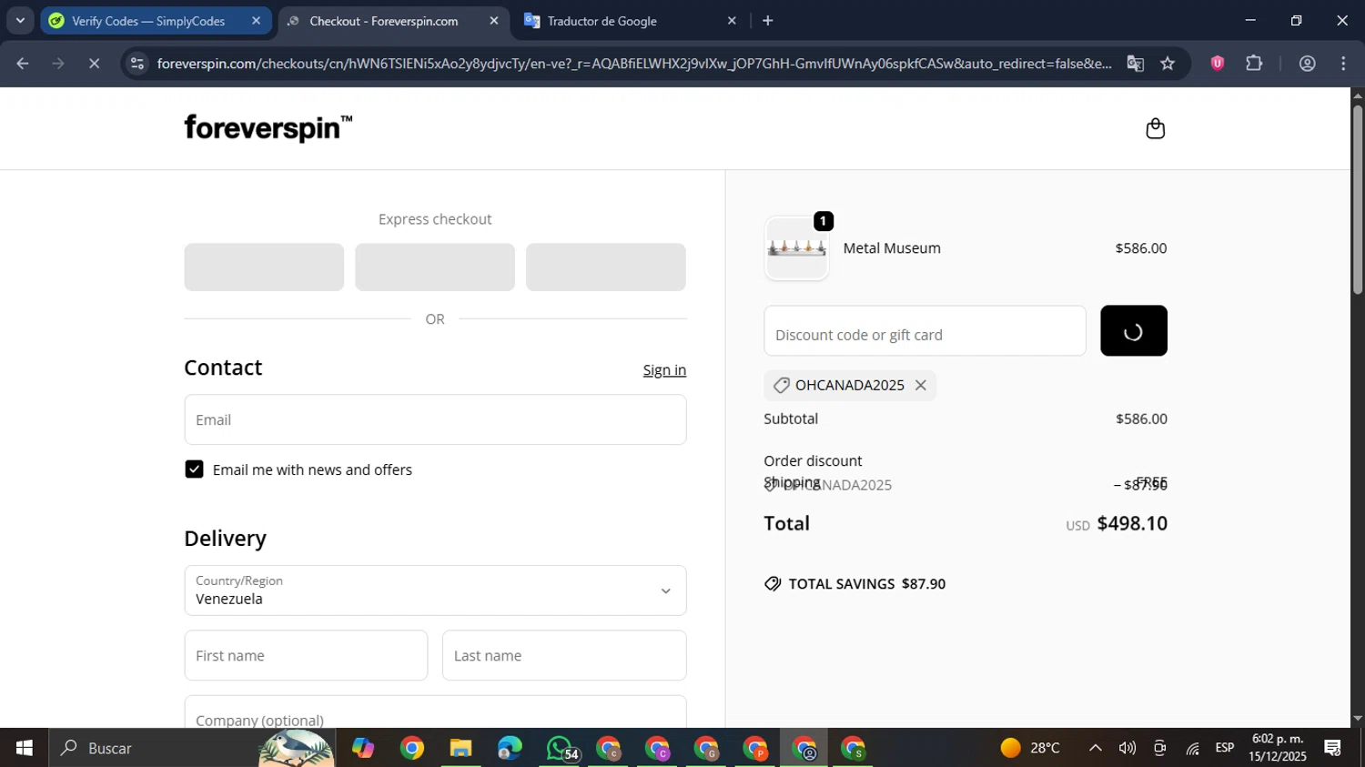 ForeverSpin discount code screenshot showing code OHCANADA2025 applied at ForeverSpin checkout page. Uploaded by SimplyCodes community member GloriousDefender7889 on Dec 15, 2025