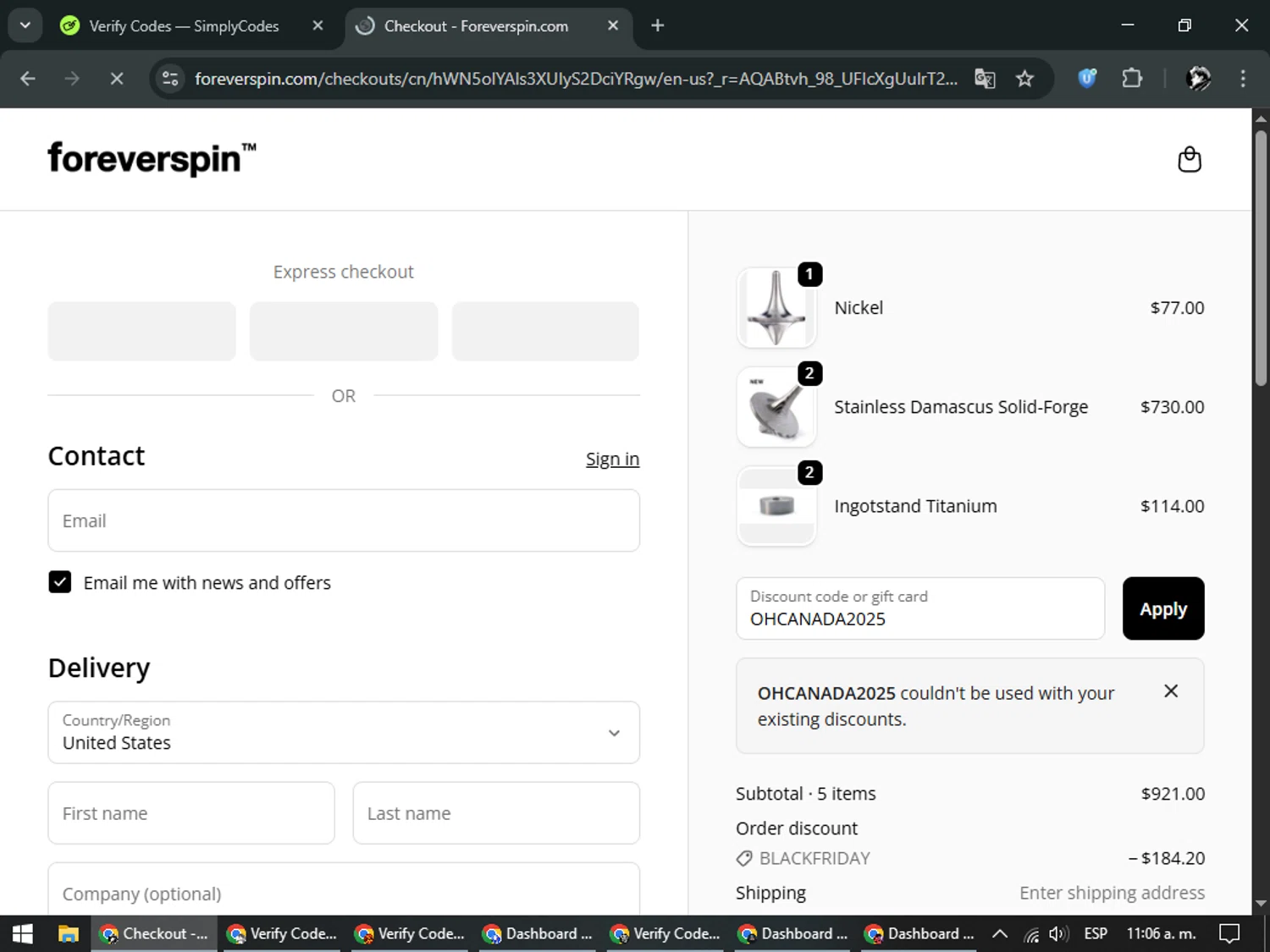 ForeverSpin checkout page showing ForeverSpin discount code box | Screenshot taken by SimplyCodes community member on Nov 28, 2025