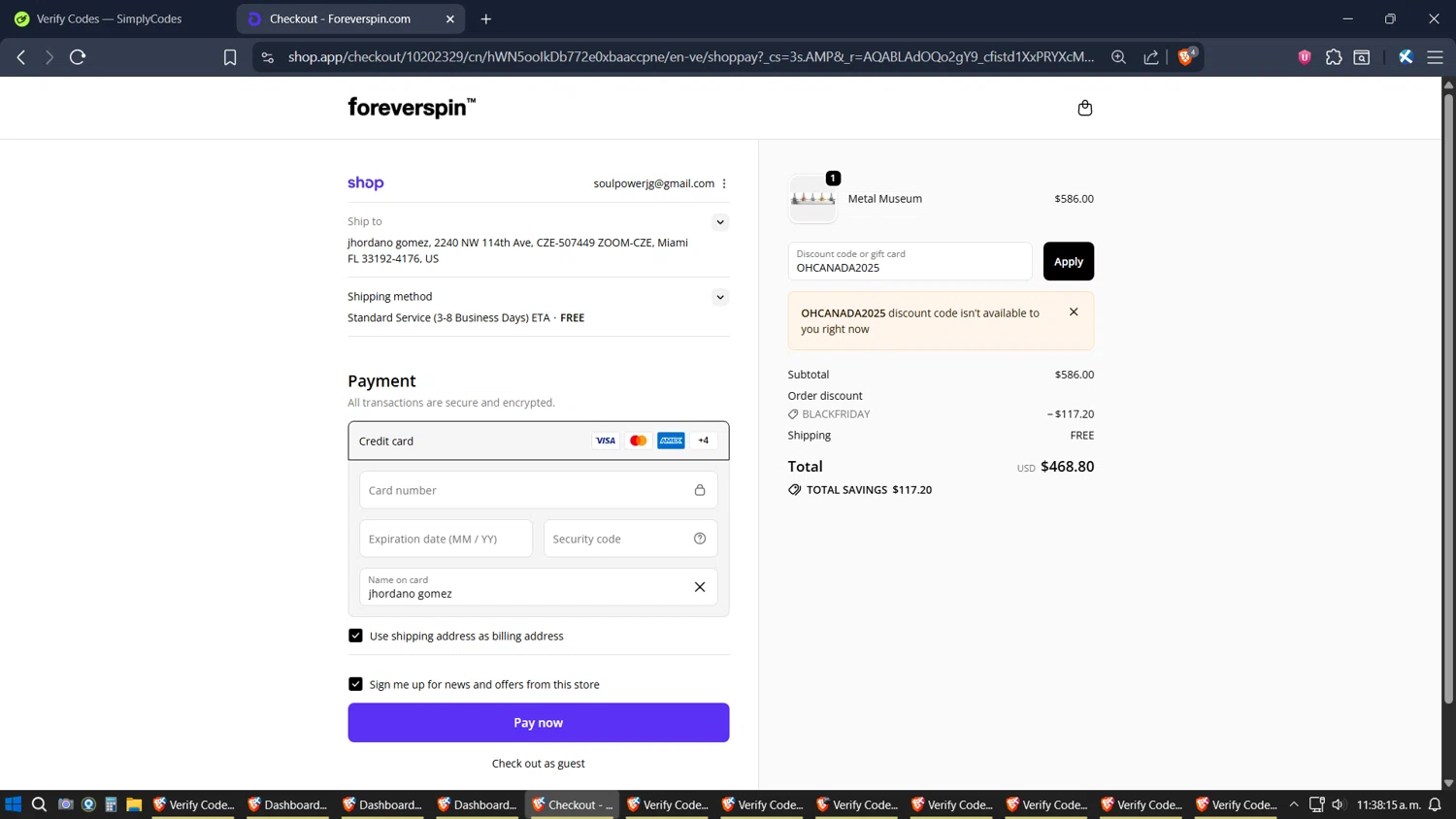 ForeverSpin checkout page showing ForeverSpin discount code box | Screenshot taken by SimplyCodes community member on Nov 28, 2025