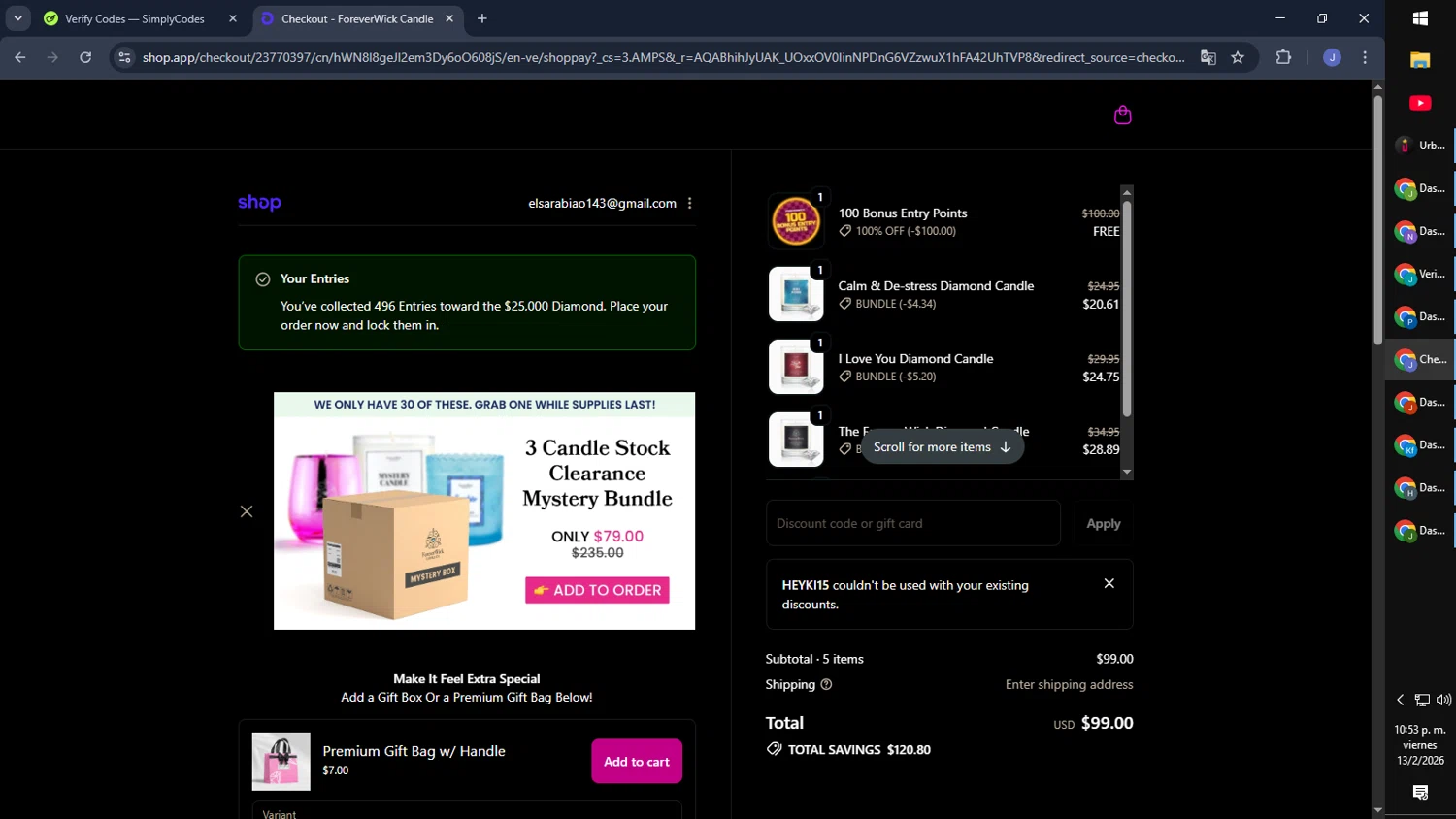 ForeverWick Candle promo code screenshot showing code HEYKI15 applied at ForeverWick Candle checkout page. Uploaded by SimplyCodes community member CouponGuardian8137 on Feb 14, 2026