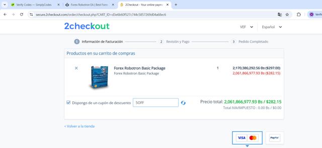 Forex Robotron checkout page showing Forex Robotron coupon code box | Screenshot taken by SimplyCodes community member on Apr 9, 2025