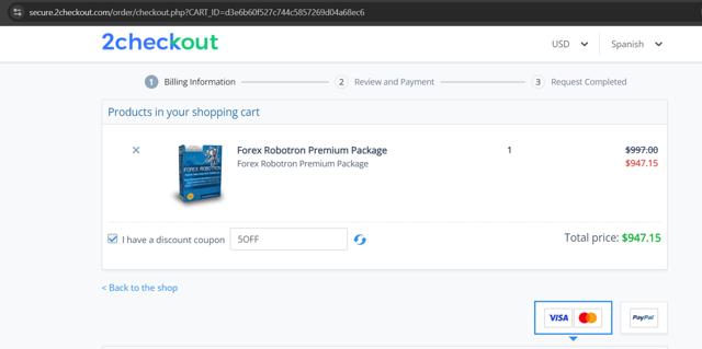 Forex Robotron checkout page showing Forex Robotron coupon code box | Screenshot taken by SimplyCodes community member on Sep 21, 2024