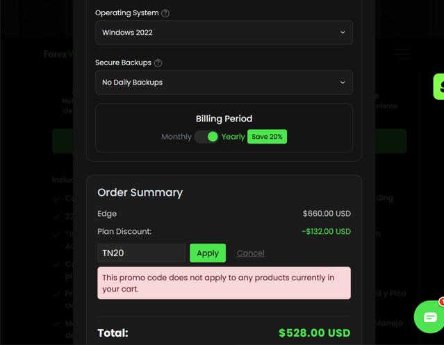 ForexVPS.net checkout page showing ForexVPS.net promo code box | Screenshot taken by SimplyCodes community member on Aug 2, 2025
