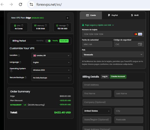 ForexVPS.net checkout page showing ForexVPS.net promo code box | Screenshot taken by SimplyCodes community member on Aug 25, 2025