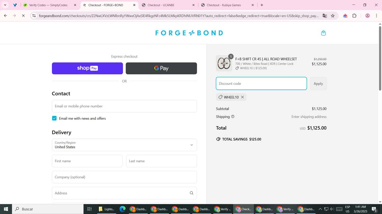 FORGE+BOND promo code screenshot showing code WHEEL10 applied at FORGE+BOND checkout page. Uploaded by SimplyCodes community member CashNavigator4063 on Mar 26, 2025