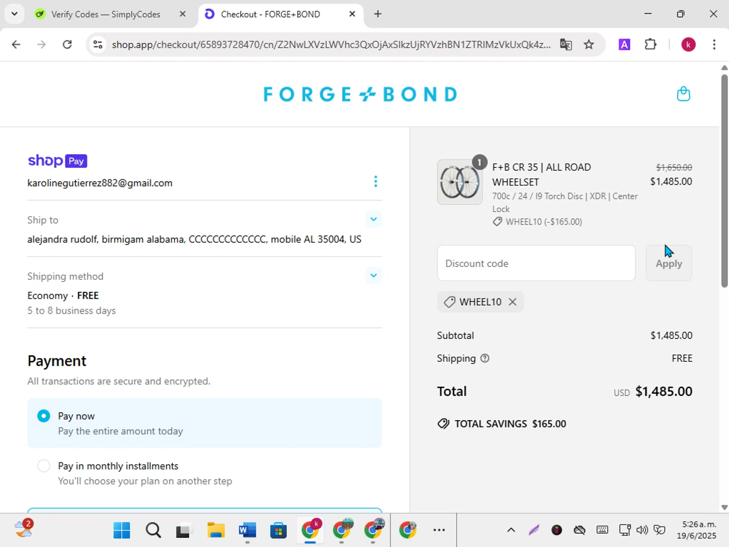 FORGE+BOND promo code screenshot showing code WHEEL10 applied at FORGE+BOND checkout page. Uploaded by SimplyCodes community member karoline on Jun 19, 2025
