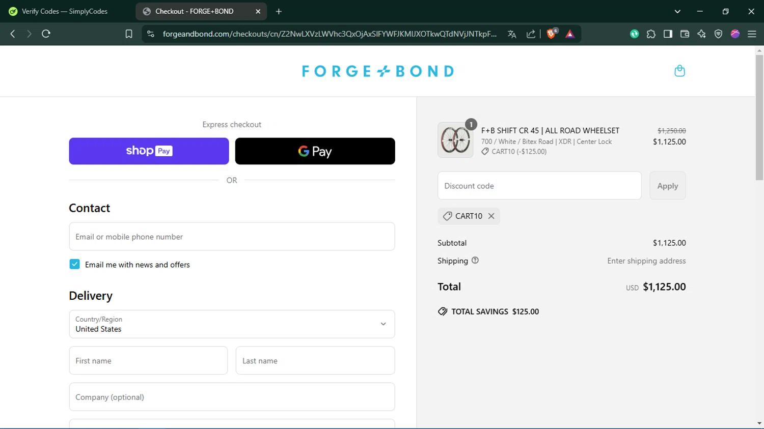 FORGE+BOND promo code screenshot showing code cart10 applied at FORGE+BOND checkout page. Uploaded by SimplyCodes community member Juliet on Apr 3, 2025