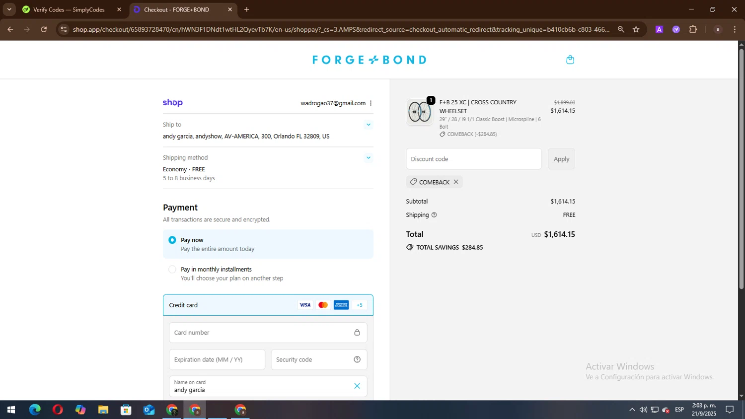 FORGE+BOND promo code screenshot showing code COMEBACK applied at FORGE+BOND checkout page. Uploaded by SimplyCodes community member lisandro on Sep 21, 2025