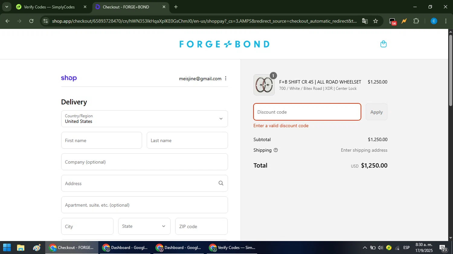 FORGE+BOND promo code screenshot showing code LABOR15 applied at FORGE+BOND checkout page. Uploaded by SimplyCodes community member NobleFox488 on Sep 17, 2025