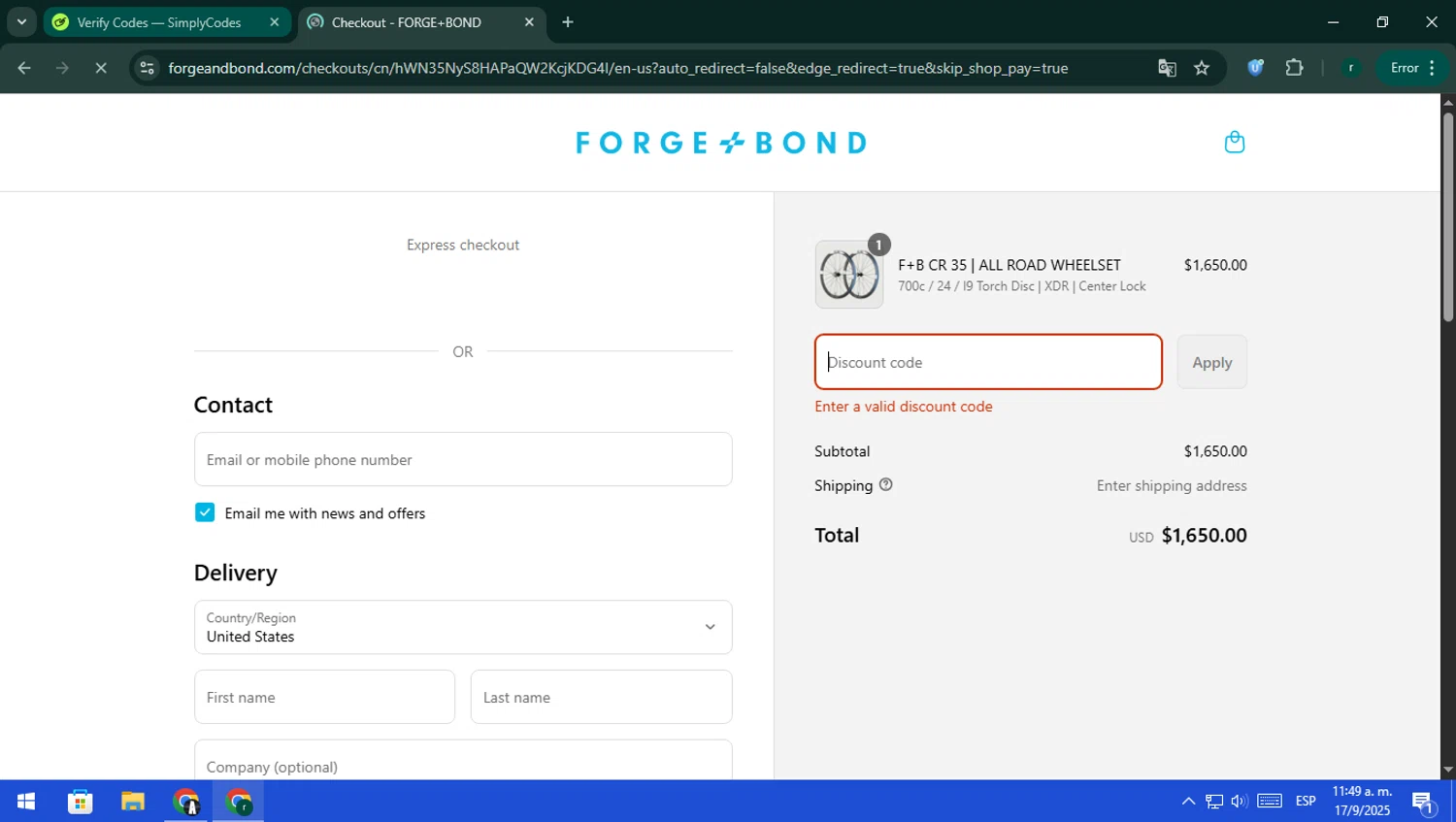 FORGE+BOND promo code screenshot showing code LABOR15 applied at FORGE+BOND checkout page. Uploaded by SimplyCodes community member rodri1 on Sep 17, 2025