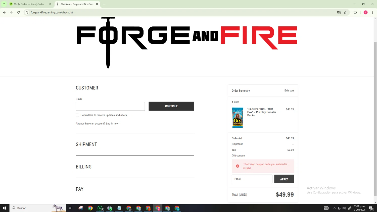 Forge and Fire Gaming coupon code screenshot showing code Free5 applied at Forge and Fire Gaming checkout page. Uploaded by SimplyCodes community member NobleExpert518 on Feb 1, 2025