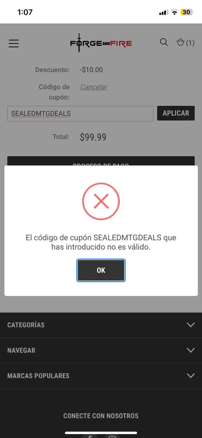 Forge and Fire Gaming coupon code screenshot showing code SEALEDMTGDEALS applied at Forge and Fire Gaming checkout page. Uploaded by SimplyCodes community member Joche25 on Dec 31, 2024