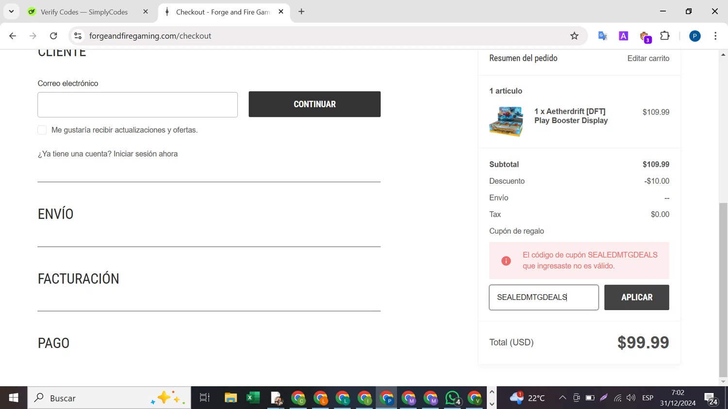 Forge and Fire Gaming coupon code screenshot showing code SEALEDMTGDEALS applied at Forge and Fire Gaming checkout page. Uploaded by SimplyCodes community member BrilliantMaven4588 on Dec 31, 2024