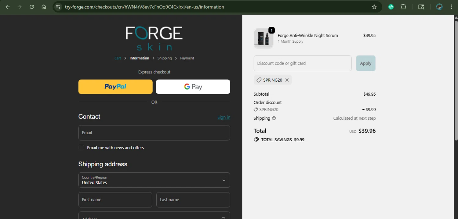 Forge Skin discount code screenshot showing code SPRING20 applied at Forge Skin checkout page. Uploaded by SimplyCodes community member MariaCorinaMachado on Nov 3, 2025
