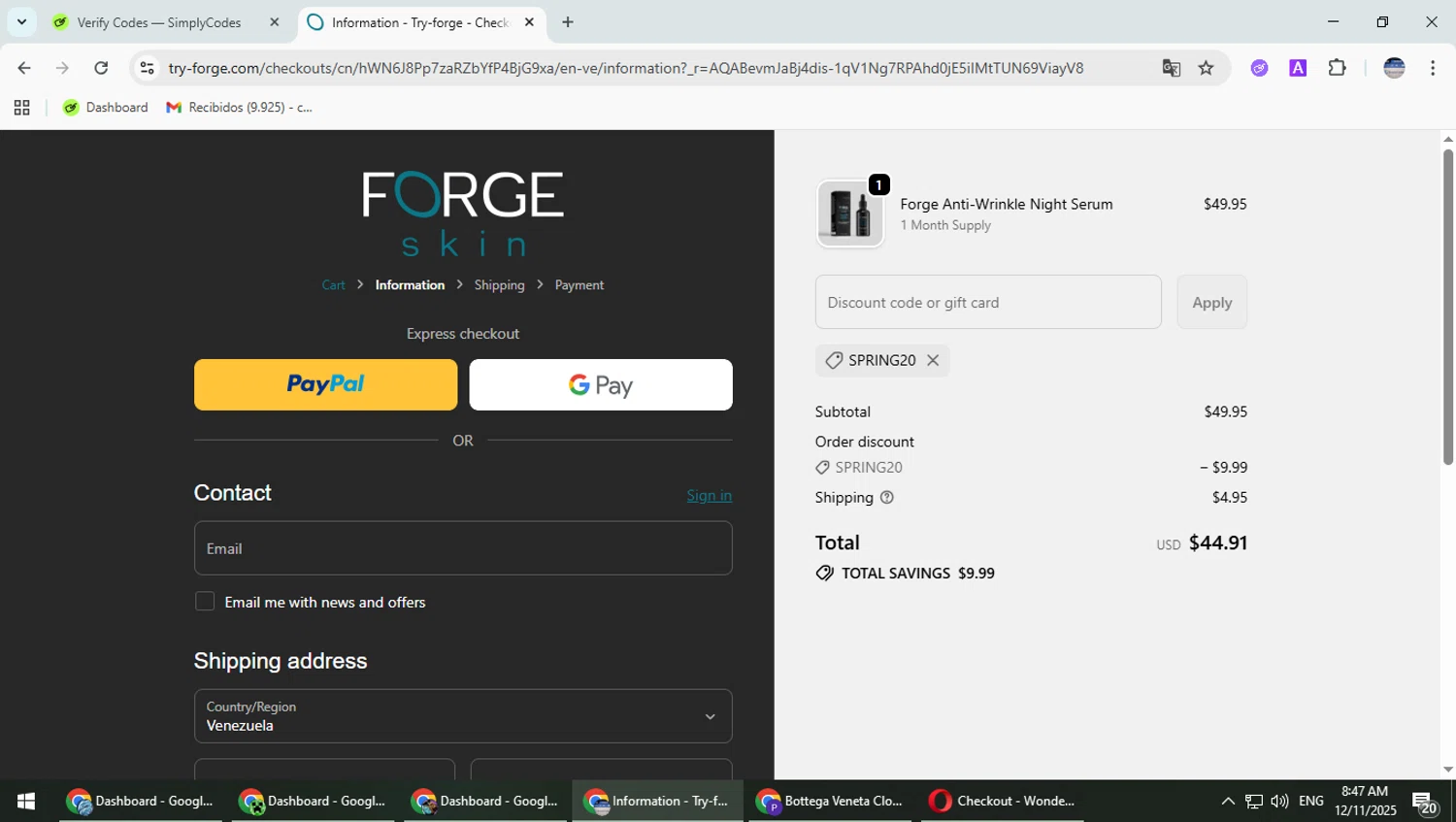Forge Skin discount code screenshot showing code SPRING20 applied at Forge Skin checkout page. Uploaded by SimplyCodes community member TrevorPhilips on Dec 11, 2025