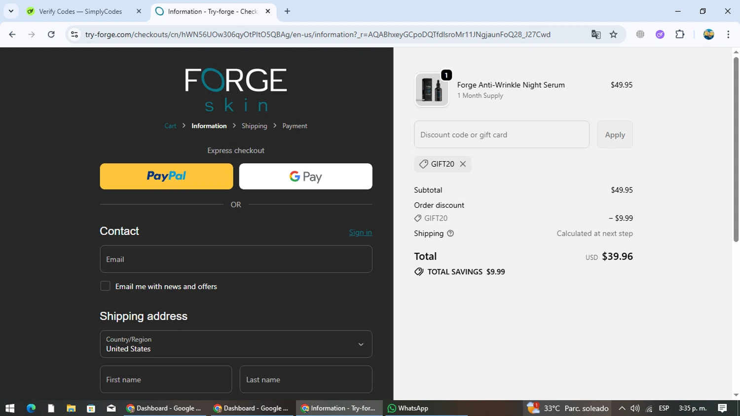 Forge Skin discount code screenshot showing code GIFT20 applied at Forge Skin checkout page. Uploaded by SimplyCodes community member EpicTracker8800 on Nov 9, 2025