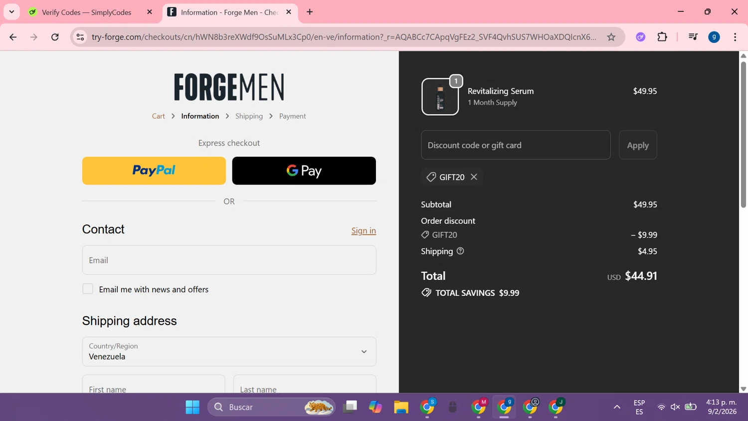 Forge Skin checkout page showing Forge Skin discount code box | Screenshot taken by SimplyCodes community member on Feb 9, 2026