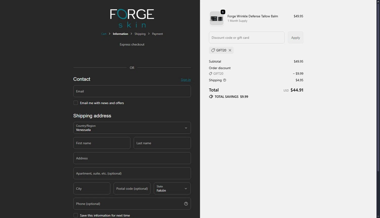 Forge Skin discount code screenshot showing code GIFT20 applied at Forge Skin checkout page. Uploaded by SimplyCodes community member terwincastro on Oct 23, 2025