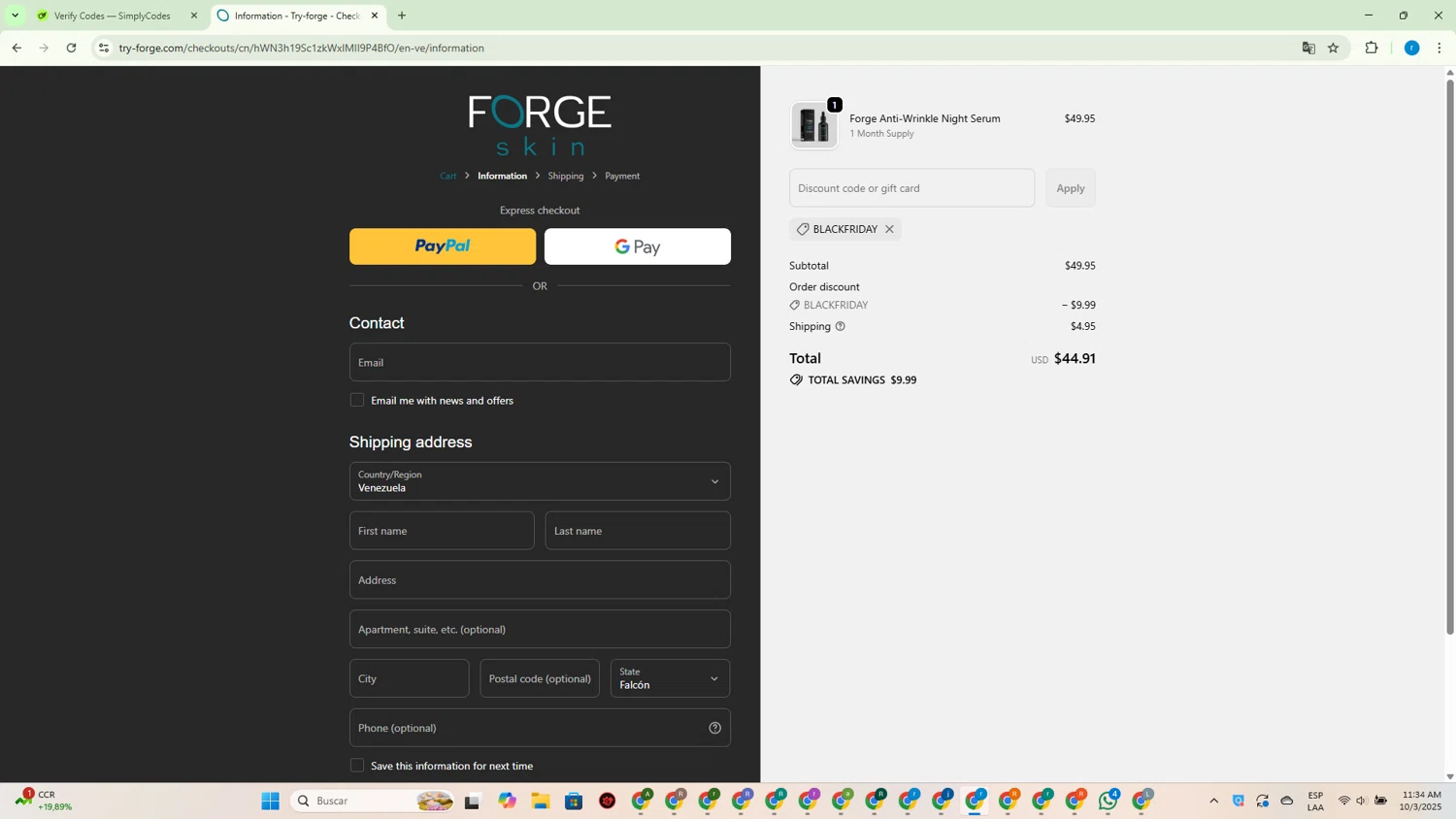 Forge Skin discount code screenshot showing code BLACKFRIDAY applied at Forge Skin checkout page. Uploaded by SimplyCodes community member RewardVoyager146 on Oct 3, 2025