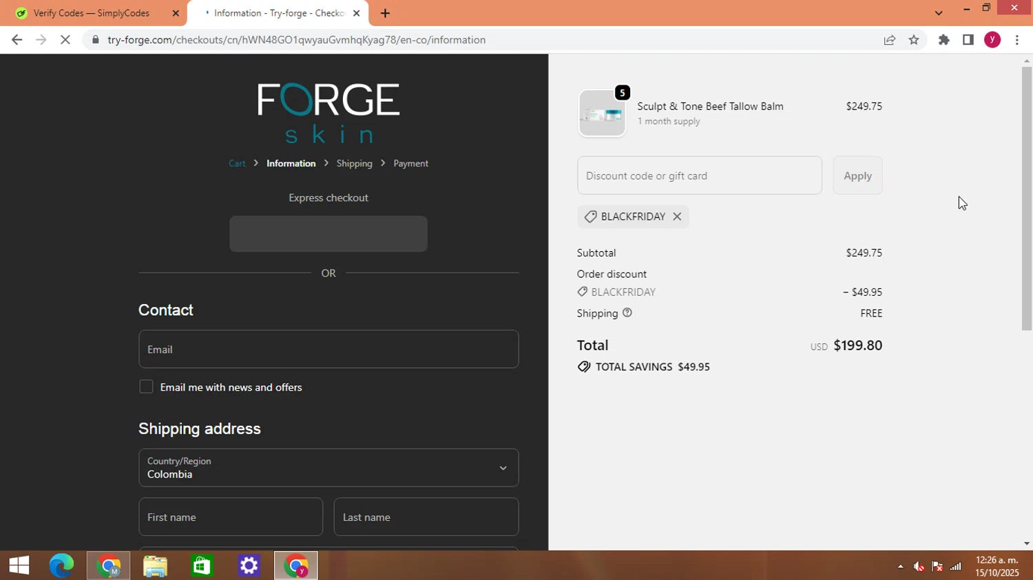 Forge Skin discount code screenshot showing code BLACKFRIDAY applied at Forge Skin checkout page. Uploaded by SimplyCodes community member ThriftyWizard1508 on Oct 15, 2025