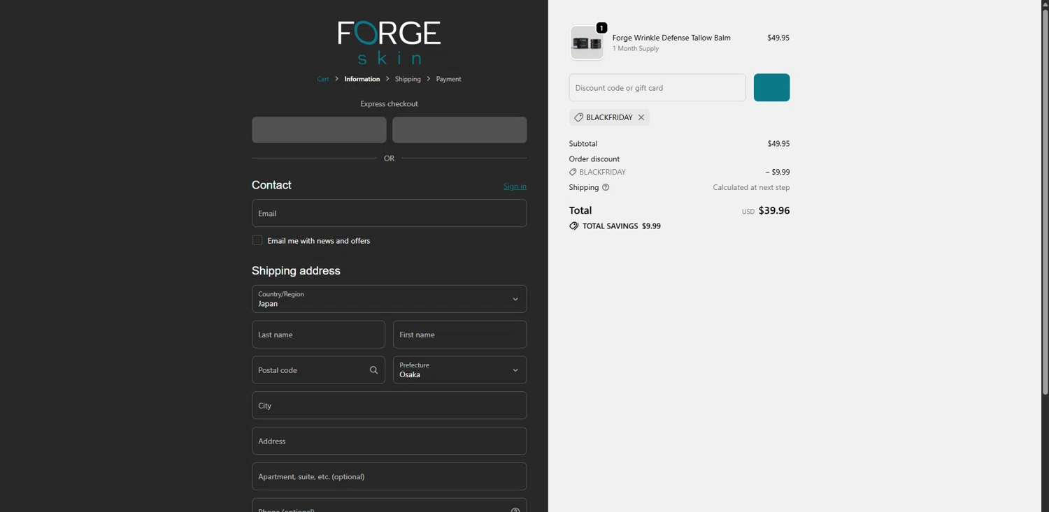 Forge Skin discount code screenshot showing code BLACKFRIDAY applied at Forge Skin checkout page. Uploaded by SimplyCodes community member ValueGenius9720 on Oct 19, 2025