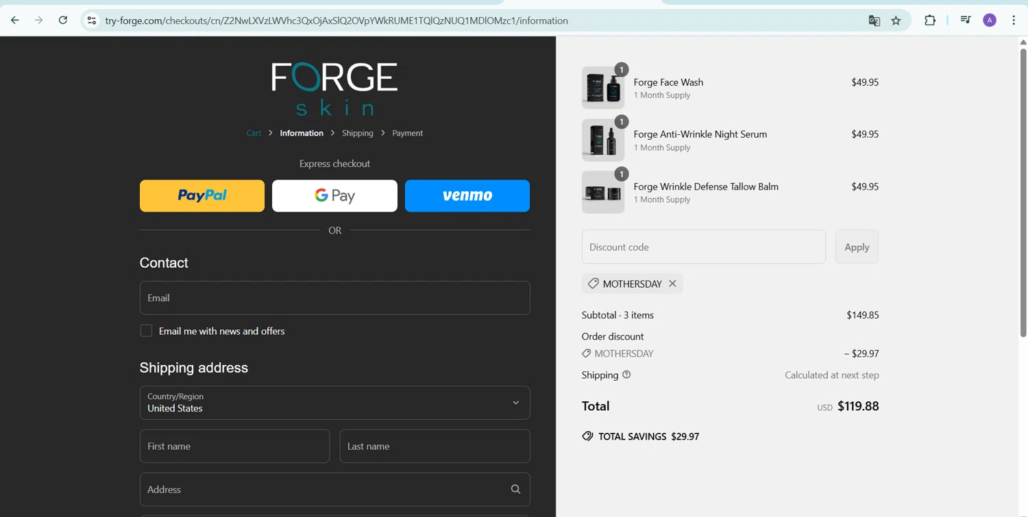 Forge Skin discount code screenshot showing code MOTHERSDAY applied at Forge Skin checkout page. Uploaded by SimplyCodes community member AGDR28 on May 1, 2025