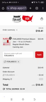 FORJARS10 coupon verification screenshot