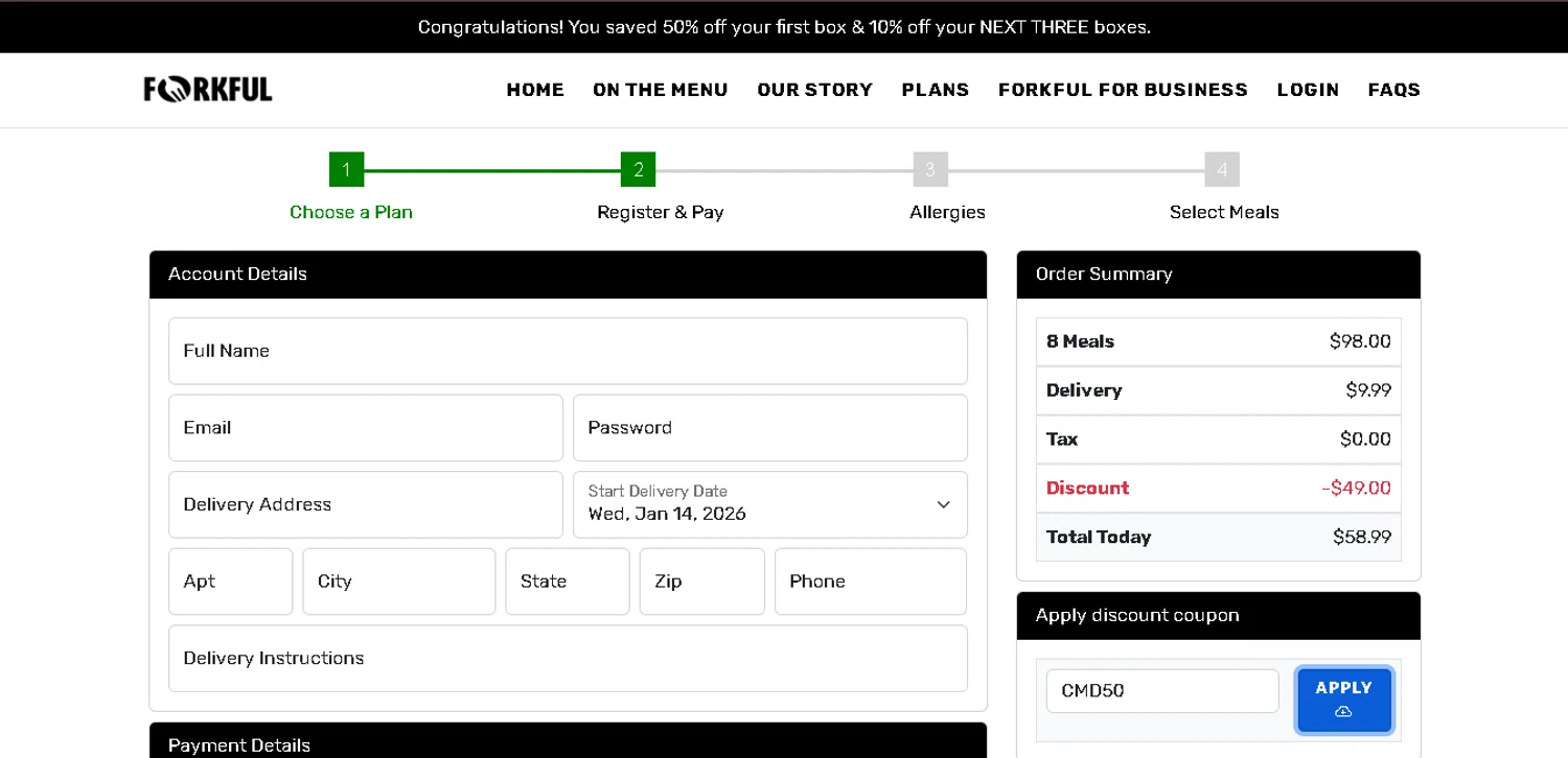Forkful promo code screenshot showing code CMD50 applied at Forkful checkout page. Uploaded by SimplyCodes community member CleverGenius9882 on Jan 5, 2026