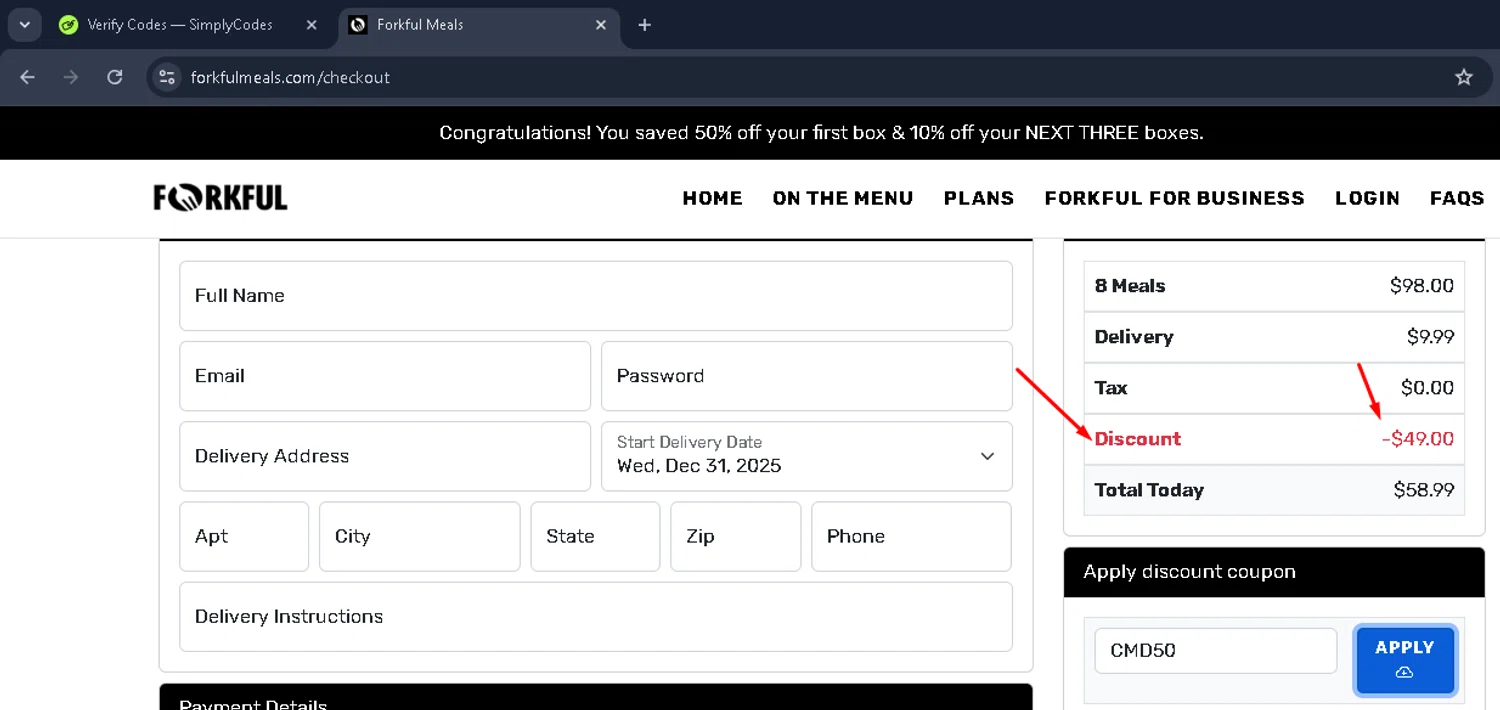 Forkful promo code screenshot showing code CMD50 applied at Forkful checkout page. Uploaded by SimplyCodes community member Mykeanderon on Dec 21, 2025