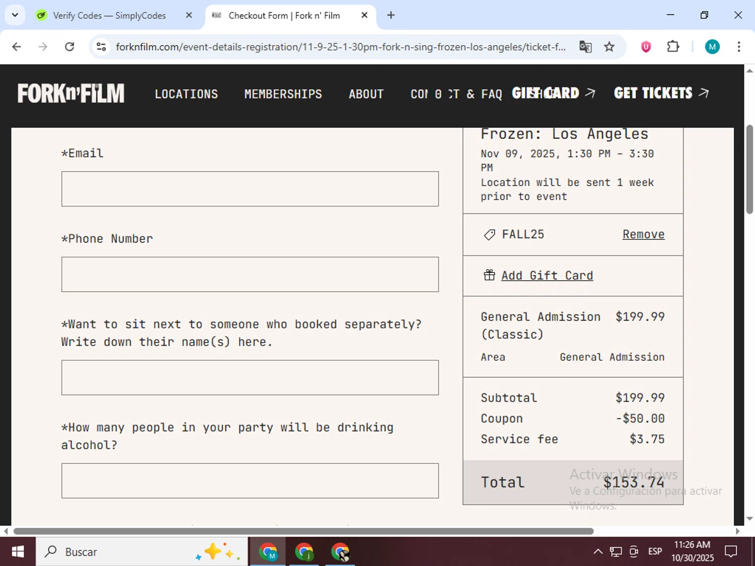 Fork n Film coupon code screenshot showing code FALL25 applied at Fork n Film checkout page. Uploaded by SimplyCodes community member estrellaveloz on Oct 30, 2025