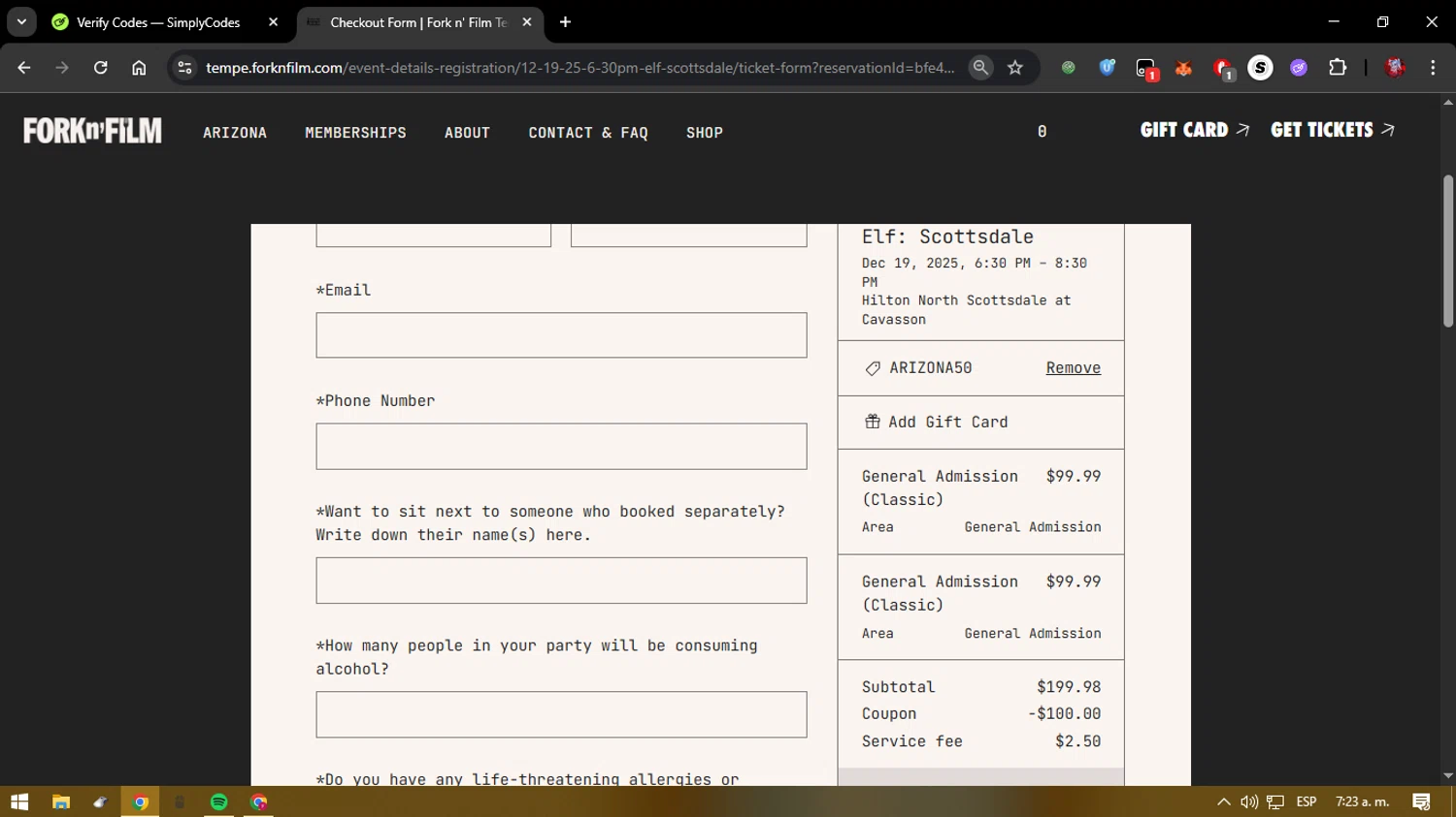Fork n Film checkout page showing Fork n Film coupon code box | Screenshot taken by SimplyCodes community member on Dec 19, 2025