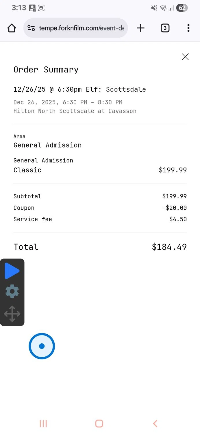 Fork n Film checkout page showing Fork n Film coupon code box | Screenshot taken by SimplyCodes community member on Dec 23, 2025