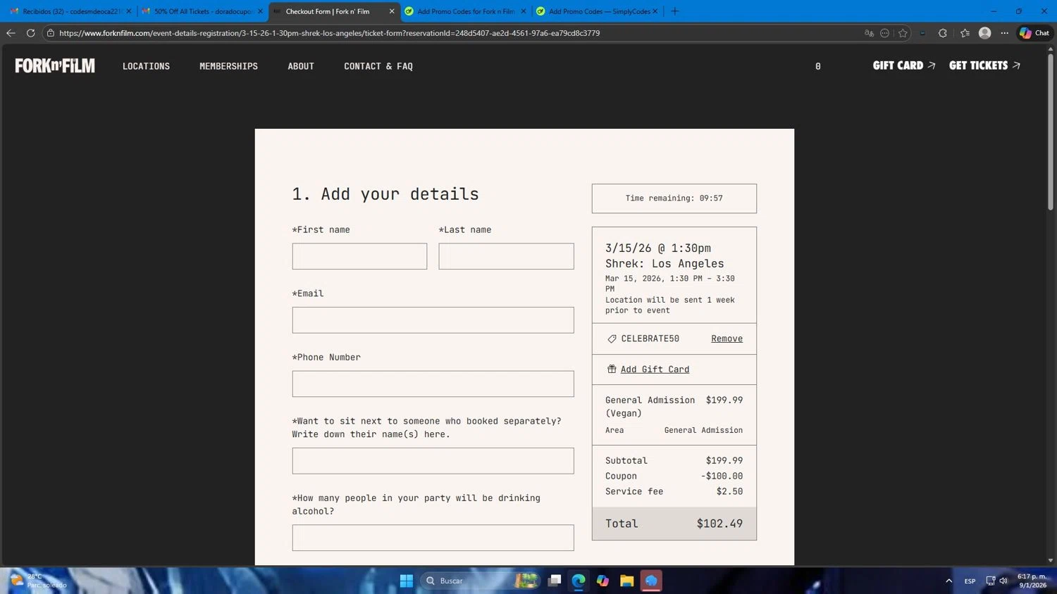Fork n Film coupon code screenshot showing code CELEBRATE50 applied at Fork n Film checkout page. Uploaded by SimplyCodes community member Mdeoca on Jan 9, 2026