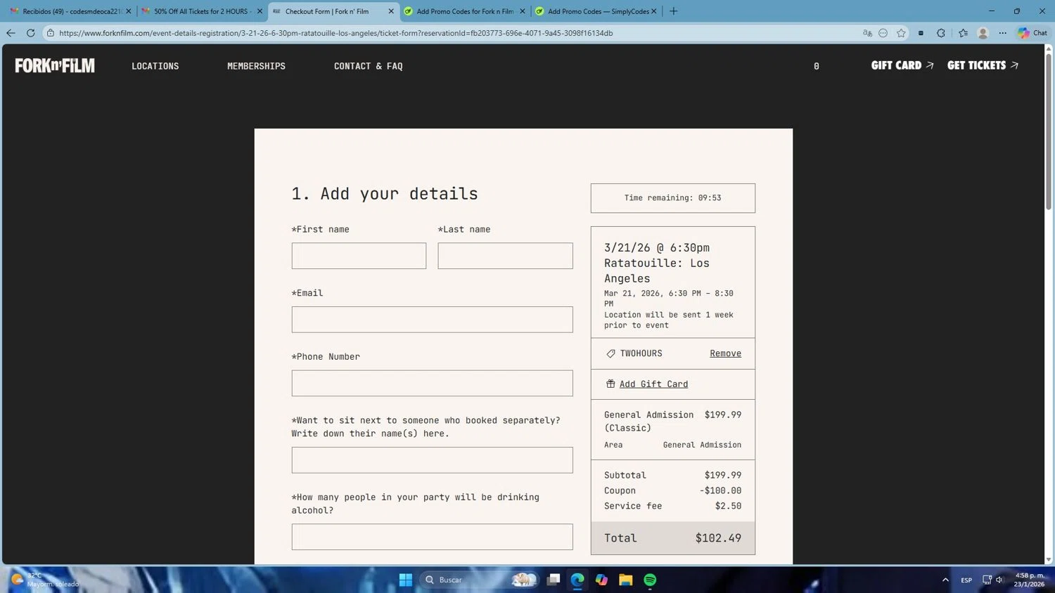 Fork n Film coupon code screenshot showing code TWOHOURS applied at Fork n Film checkout page. Uploaded by SimplyCodes community member Mdeoca on Jan 23, 2026