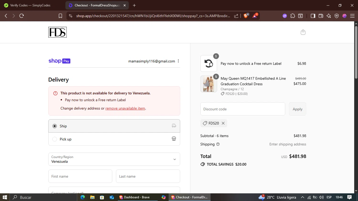 Formal Dress Shops promo code screenshot showing code FDS20 applied at Formal Dress Shops checkout page. Uploaded by SimplyCodes community member Suguru_Geto on Aug 9, 2025