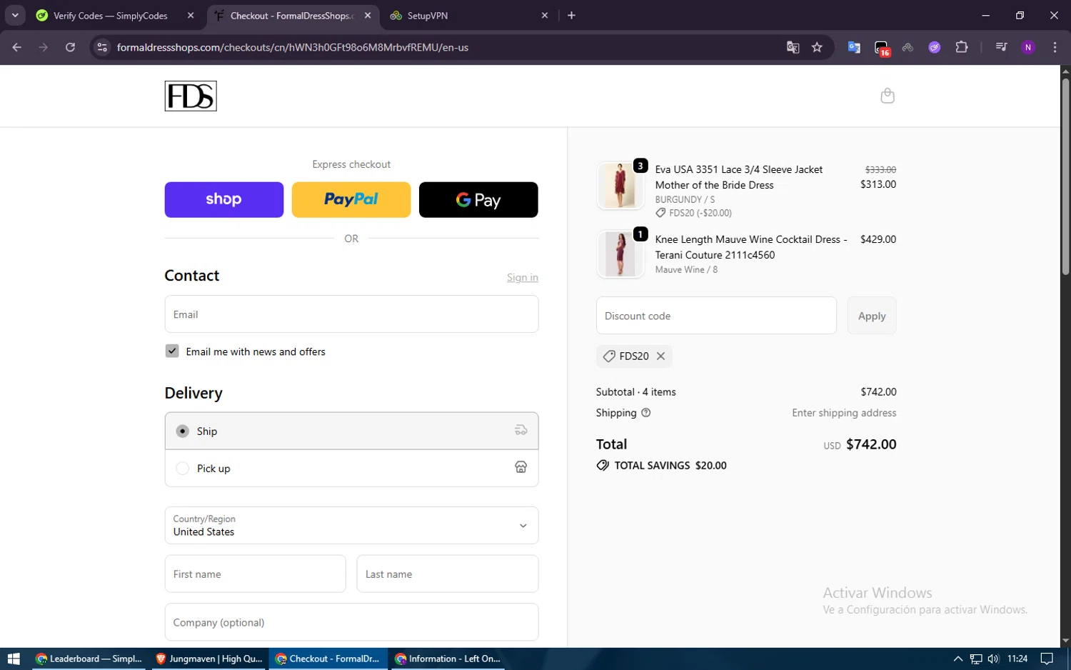 Formal Dress Shops promo code screenshot showing code FDS20 applied at Formal Dress Shops checkout page. Uploaded by SimplyCodes community member Voucher200 on Oct 3, 2025