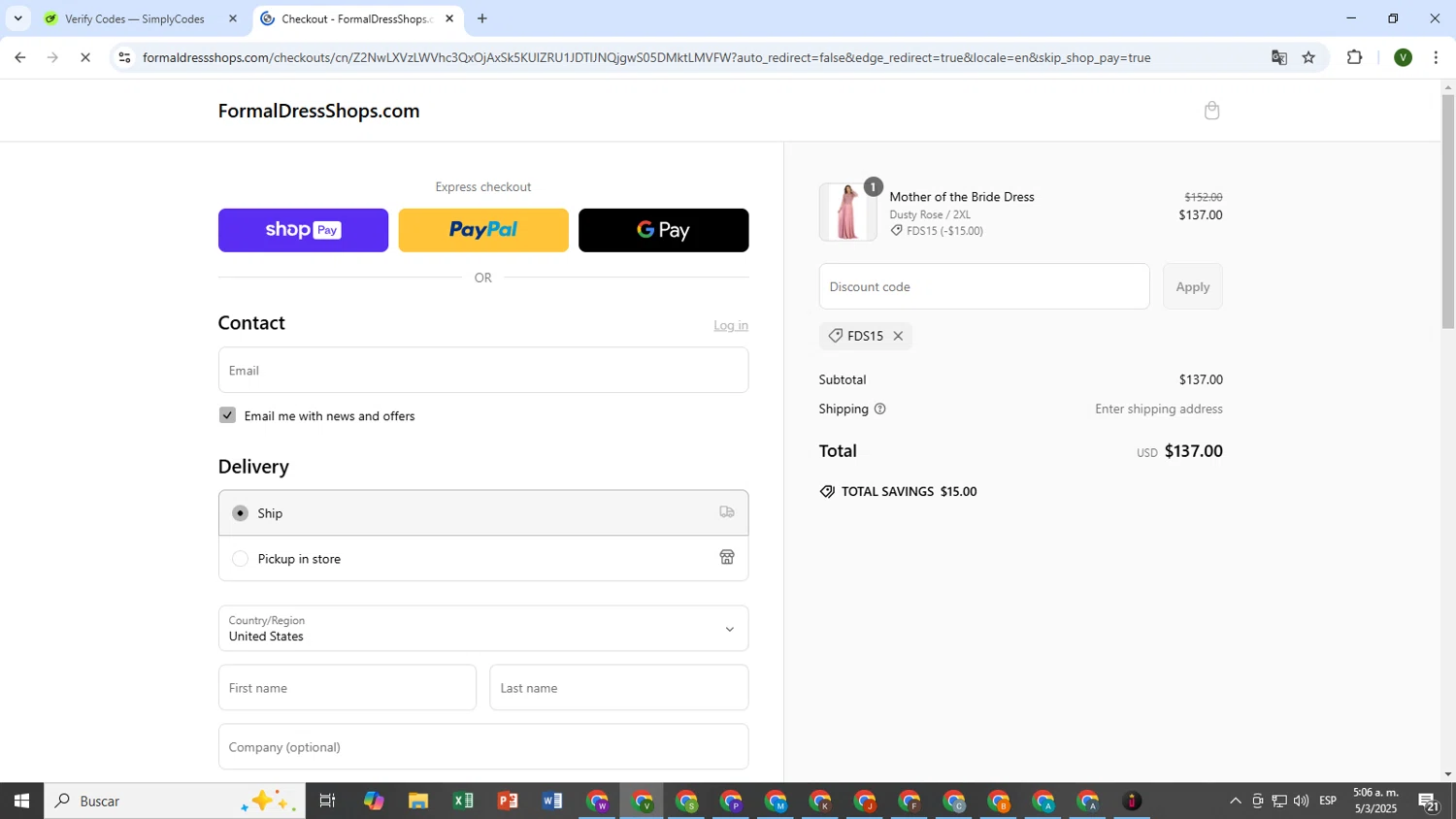 Formal Dress Shops promo code screenshot showing code FDS15 applied at Formal Dress Shops checkout page. Uploaded by SimplyCodes community member ScanVirtuoso3169 on Mar 5, 2025