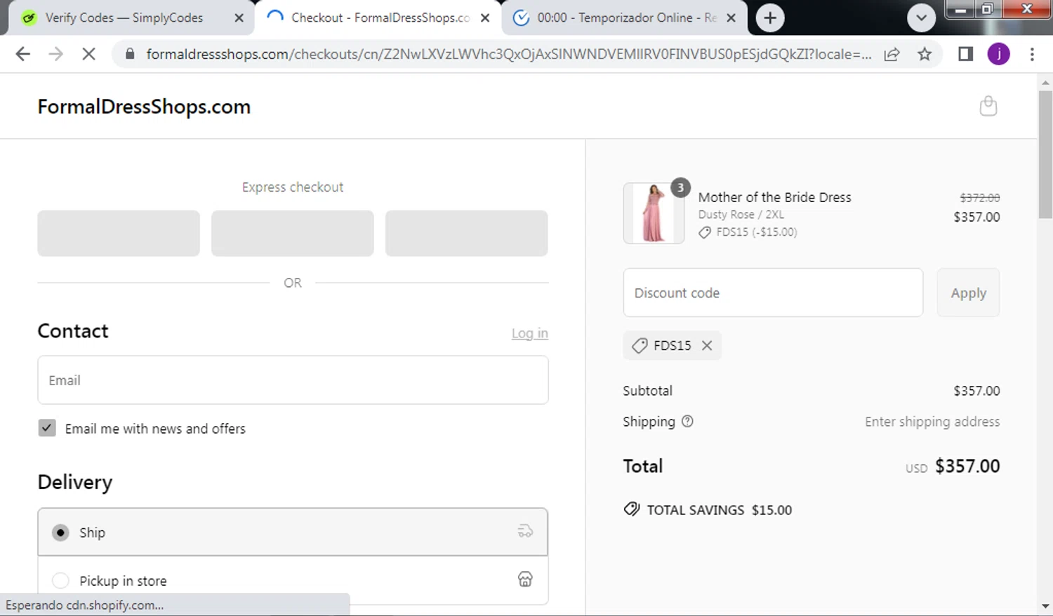 Formal Dress Shops promo code screenshot showing code FDS15 applied at Formal Dress Shops checkout page. Uploaded by SimplyCodes community member QuestScholar4095 on Apr 27, 2025