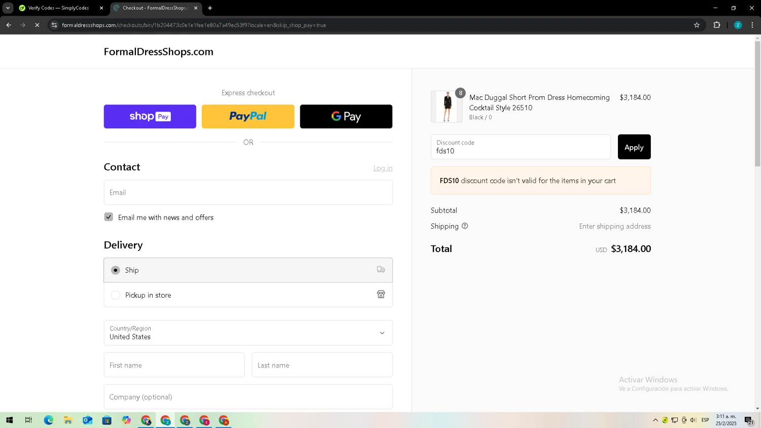 Formal Dress Shops promo code screenshot showing code fds10 applied at Formal Dress Shops checkout page. Uploaded by SimplyCodes community member Zxdqui on Feb 25, 2025