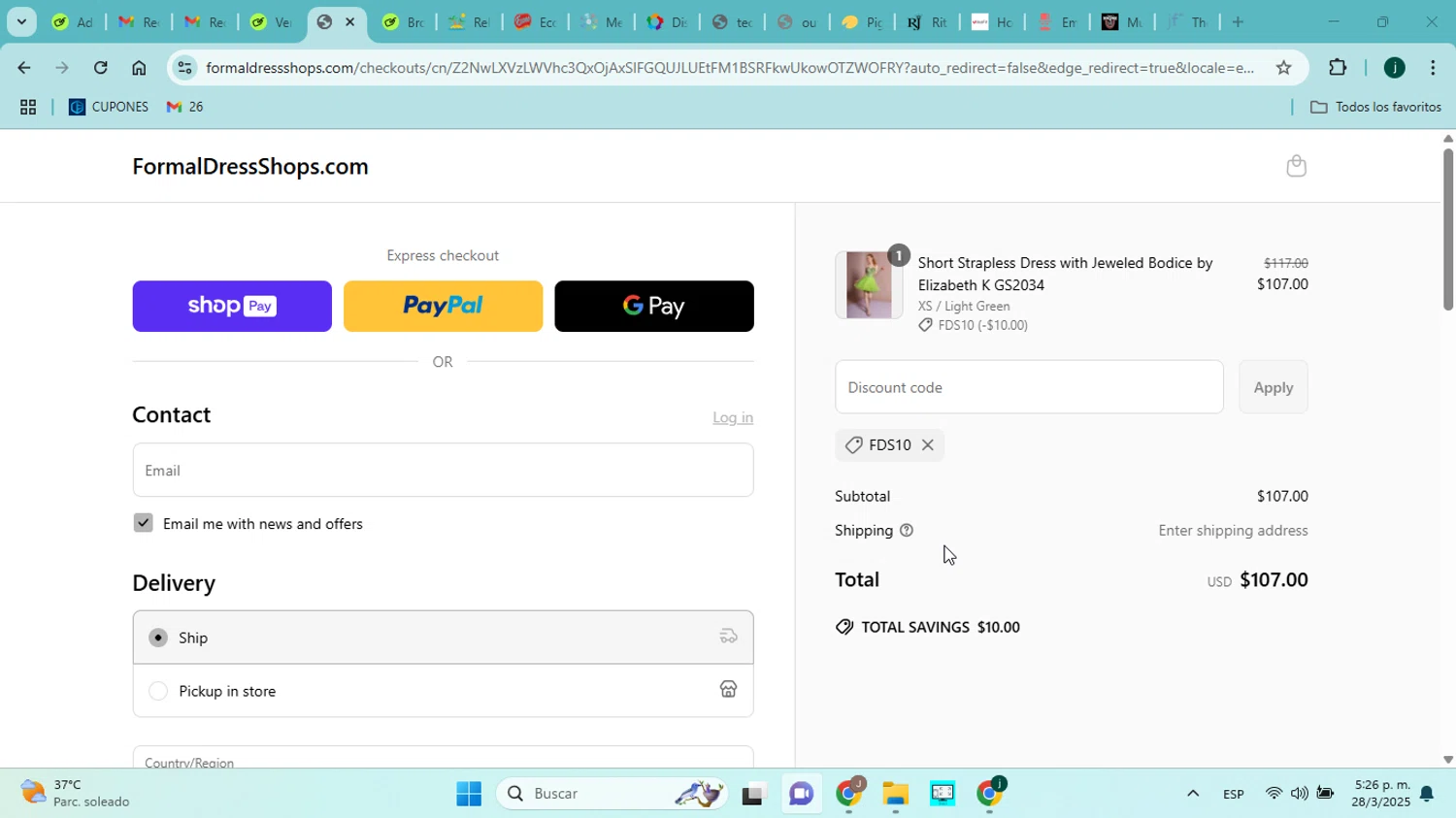 Formal Dress Shops promo code screenshot showing code fds10 applied at Formal Dress Shops checkout page. Uploaded by SimplyCodes community member jorgejavierherrera on Mar 28, 2025