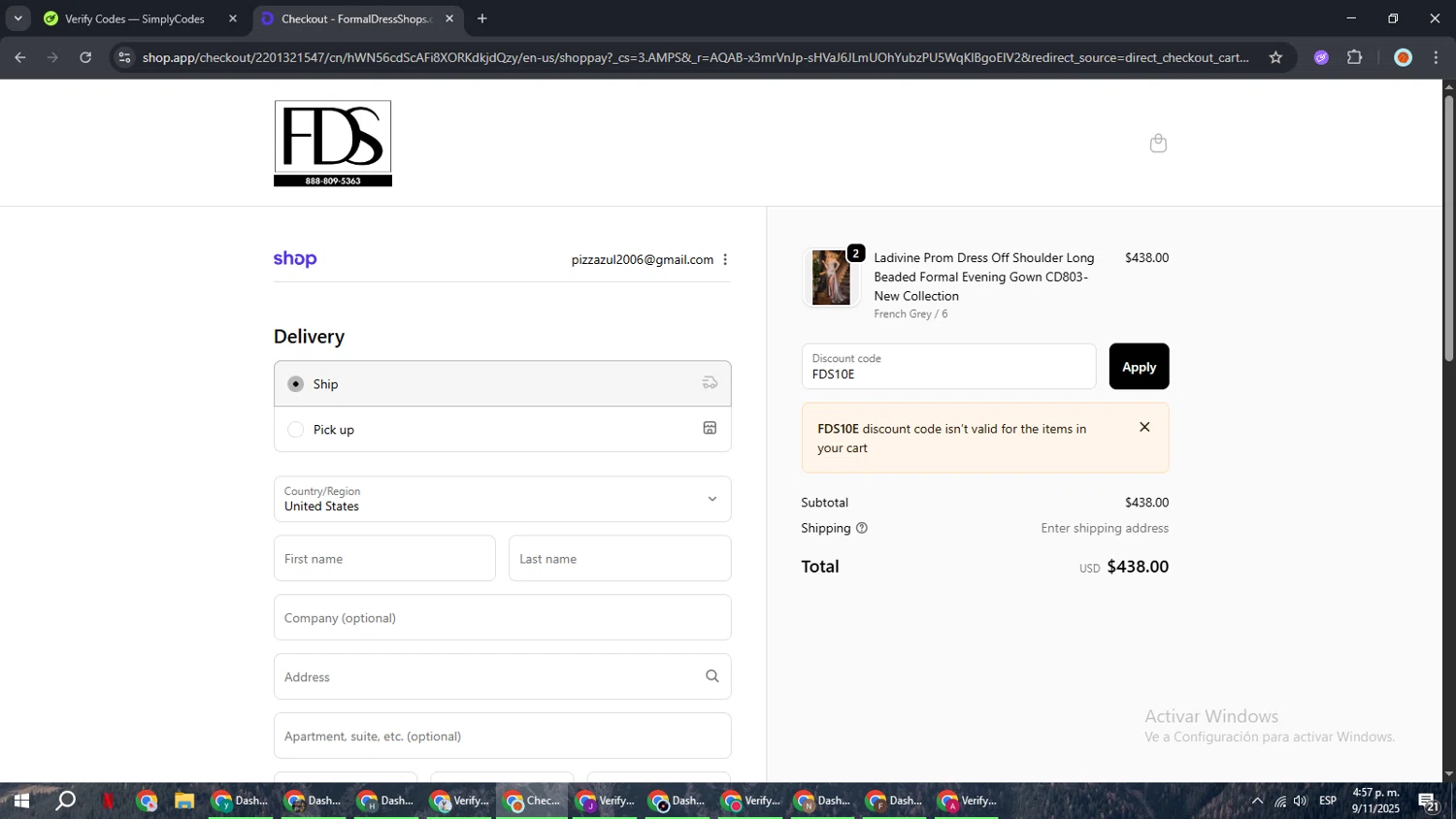 Formal Dress Shops promo code screenshot showing code FDS10E applied at Formal Dress Shops checkout page. Uploaded by SimplyCodes community member BonusCaptain9927 on Nov 9, 2025