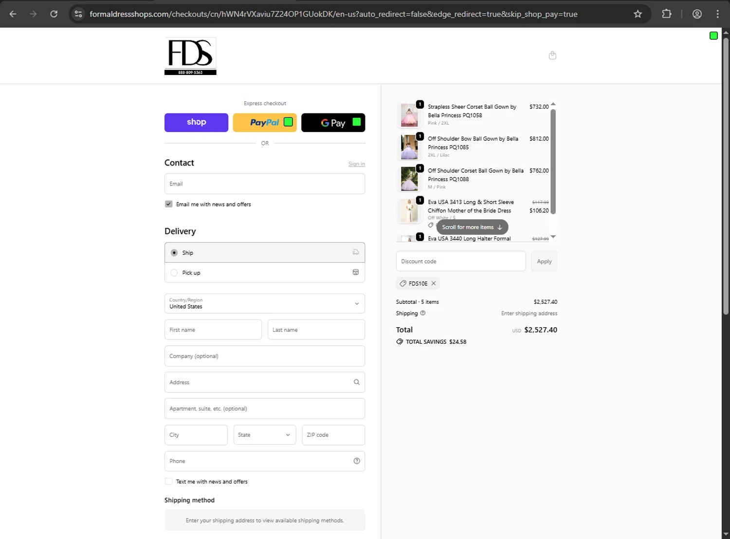 Formal Dress Shops promo code screenshot showing code FDS10E applied at Formal Dress Shops checkout page. Uploaded by SimplyCodes community member kaiserser on Nov 3, 2025