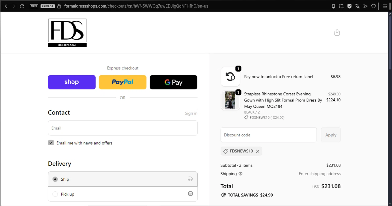 Formal Dress Shops promo code screenshot showing code FDSNEWS10 applied at Formal Dress Shops checkout page. Uploaded by SimplyCodes community member ArgoByte on Nov 20, 2025