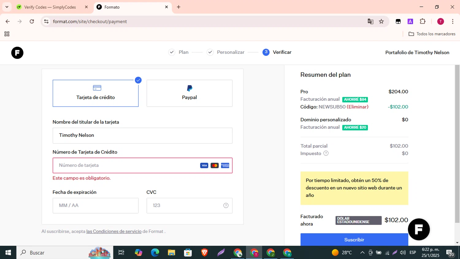 Format discount code screenshot showing code NEWSUB50 applied at Format checkout page. Uploaded by SimplyCodes community member SavvyLynx7166 on Jan 25, 2025