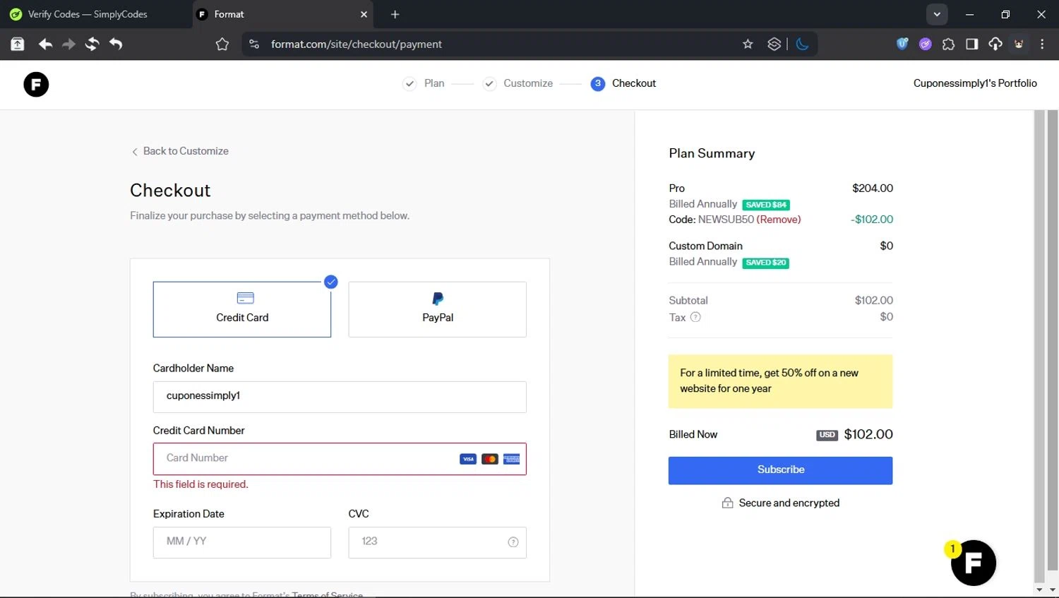 Format discount code screenshot showing code NEWSUB50 applied at Format checkout page. Uploaded by SimplyCodes community member domain on Jun 4, 2025
