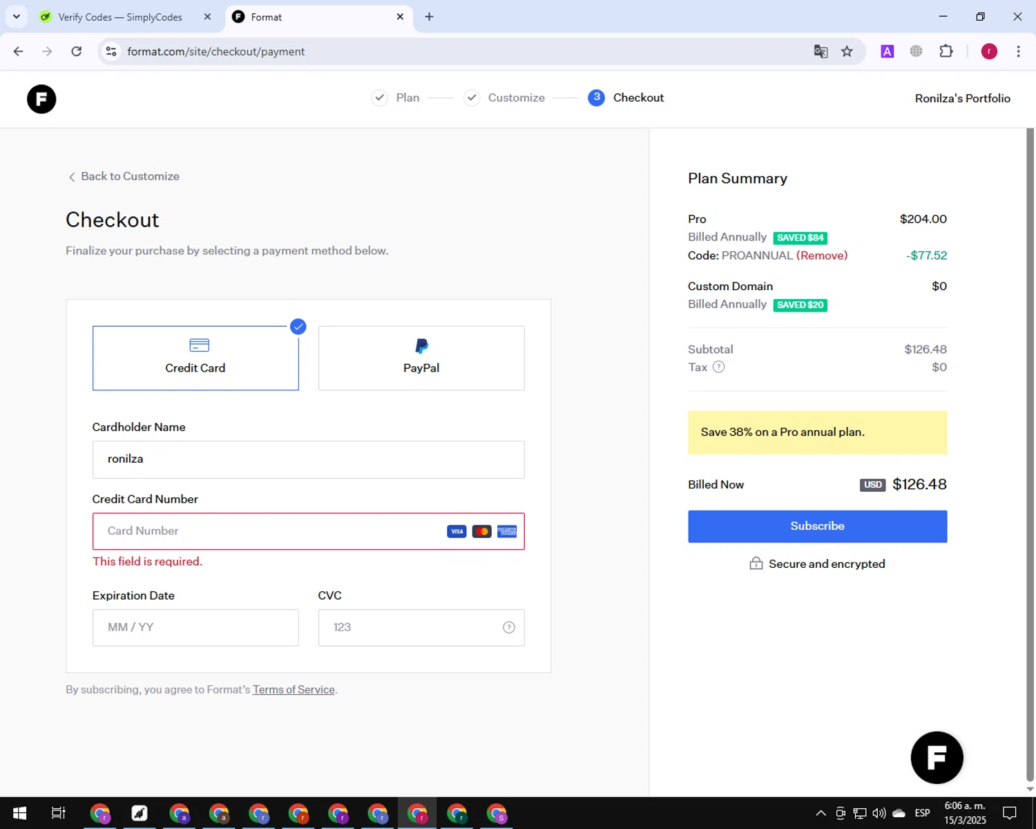 Format discount code screenshot showing code PROANNUAL applied at Format checkout page. Uploaded by SimplyCodes community member TreasureExpert7530 on Mar 15, 2025