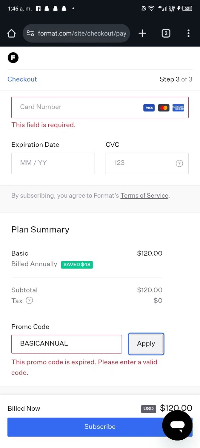 Format discount code screenshot showing code BASICANNUAL applied at Format checkout page. Uploaded by SimplyCodes community member JandryV on Dec 23, 2025