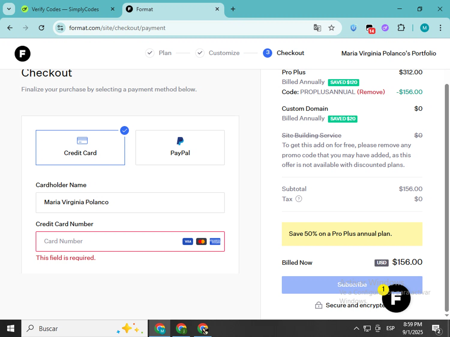 Format checkout page showing Format discount code box | Screenshot taken by SimplyCodes community member on Sep 2, 2025