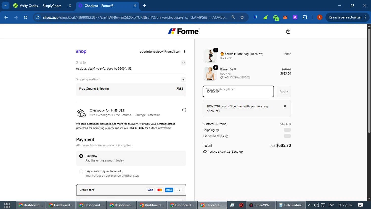 Forme checkout page showing Forme discount code box | Screenshot taken by SimplyCodes community member on Dec 27, 2025